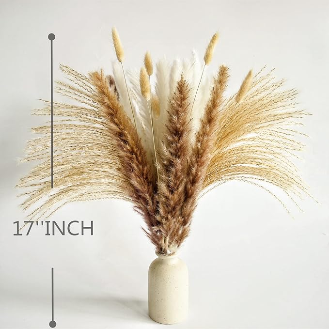 400 PCS Small Boho Pampas Grass, 17" Naturally Dried Pompas, Pampas Grass Decor for Wedding , Boho Party Decorations, Table Decor（Brown and White）