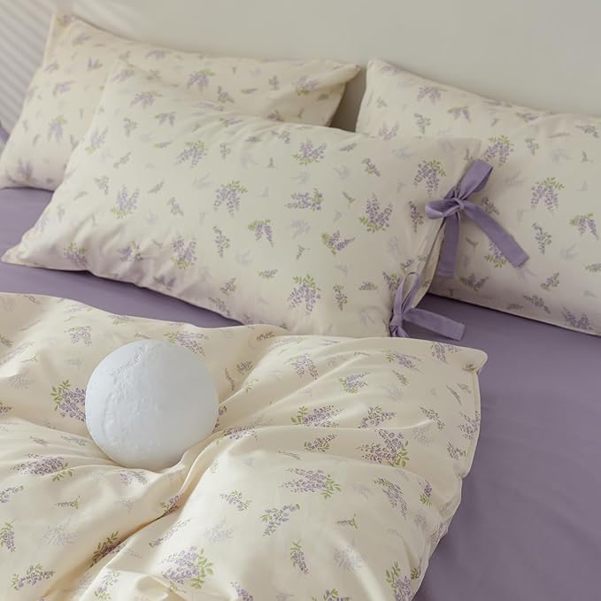 LifeTB Lilac Comforter Set Twin XL Girls Purple Flower Bedding Comforter Vintage Garden Floral Comforter Set Fluffy Soft Botanical Comforter with 2 Bow Ties Pillowcases for Girls Women Twin XL Size