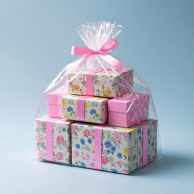 Morepack Extra Large Cellophane Bags for Gift Baskets 50x60 Inches,Jumbo Big Clear Cellophane Bags 5Pieces