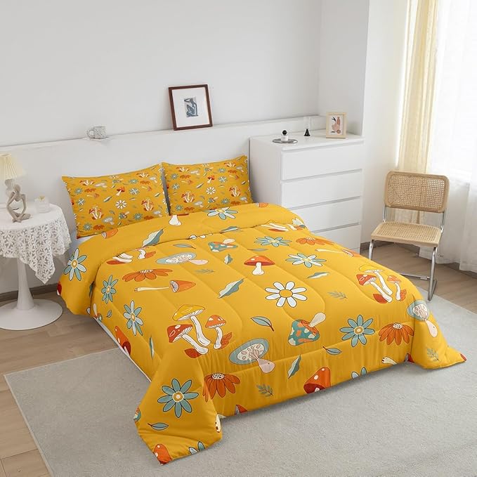 Castle Fairy Retro Hippie Mushroom Bedding Comforters King Size,Groovy Flowers Floral Duvet Set for Bedroom Decor,Yellow Boho Trippy Durable Comforter Set with 2 Pillowcases