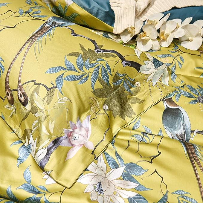 mixinni Floral Duvet Cover Set Full Soft Cotton White Flowers Birds Bedding with Zipper Closure 2 Pillowcases Leaf Printed Yellow Comforter Cover Set-Easy Care, Soft and Durable-Full Size