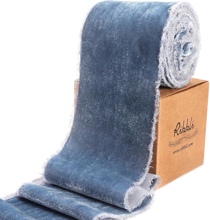 Ribbli Dusty Blue Velvet Ribbon 3 Inch Handmade Frayed Vintage Christmas Ribbon for Gift Wrapping Christmas Tree Ornament Wreath Craft Home Decor -3 Yards