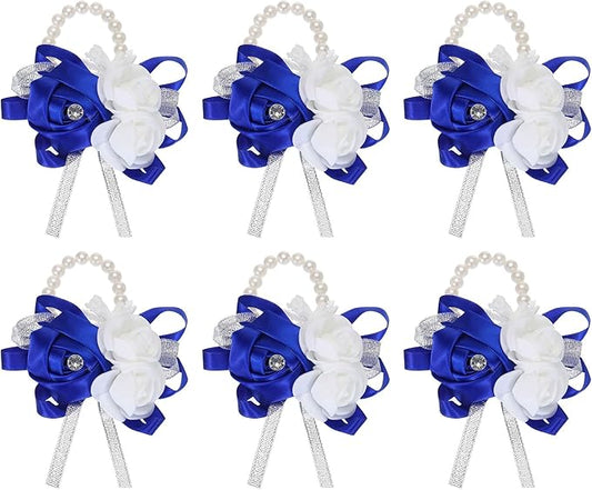 MECCANIXITY 6Pcs Wrist Corsage Artificial Flower Bracelets Rose Wrist Bride Groom Decorative for Wedding Ceremony Prom Party Anniversary Dark Blue