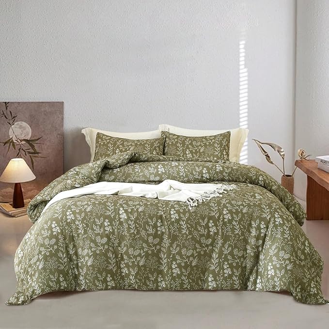 EAVD Vintage Style Garden Olive Green Floral Duvet Cover Queen Soft Cotton Chic Small Floral Bedding Set with 2 Pillowcases Reversible Fresh Botanical Duvet Cover with Zipper Closure