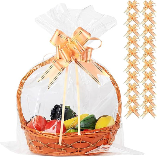 UltraOutlet 50 Packs Large Cellophane Bags 18" x 24" Clear Cellophane Gift Basket Wraps 2.3 Mil Thick Clear Cello Bags for Fruit Basket, Gift Wrap, Treats, Arts and Crafts, 50ct Ribbon Bows
