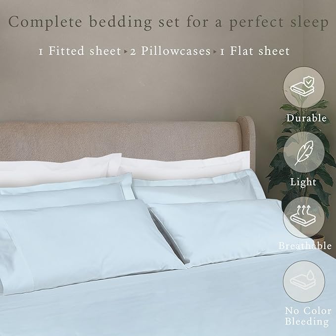 Threadmill Cotton Sheets for King Size Bed, 100% Cotton, 500 Thread Count, Deep Pocket Sheet Set for King Size Bed, Snug Fit, Soft & Crisp Cooling Hotel Quality Bed Sheets 4 Piece Set, Light Blue