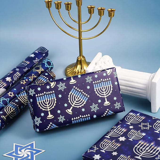 WRAPAHOLIC Hanukkah Wrapping Paper - 3 Rolls, 17 Inch x 120 Inch Each - Blue Menorah and Star of David Design with Metallic Foil Shine