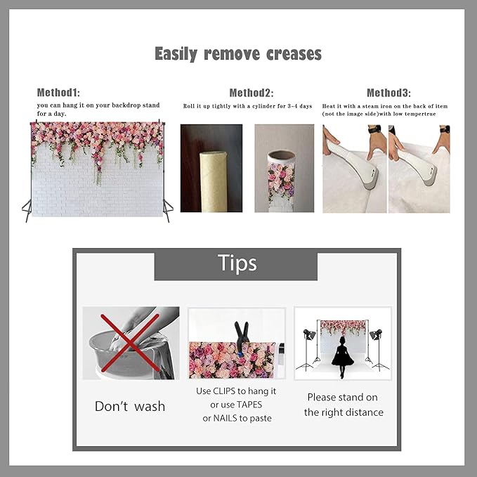 LTLYH 8x8ft White Brick Wall Flowers Background Spring Theme Photography Backdrop for Mother's Day Valentine Wedding Bridal Baby Shower Birthday Party Decor Banner Portrait Photo Booth Prop 134………