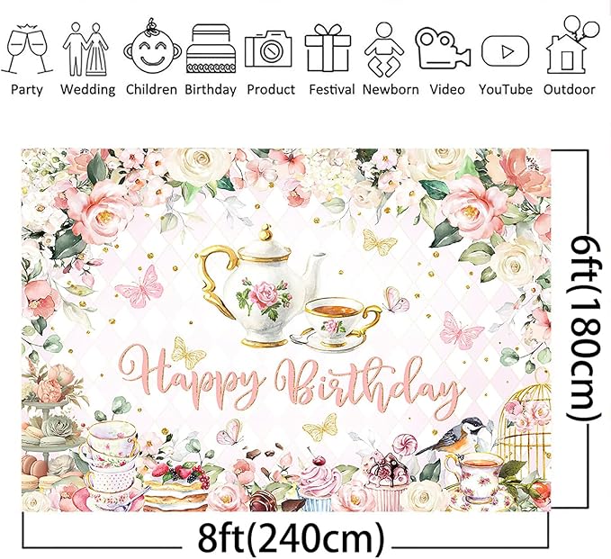 Mocsicka Tea Party Happy Birthday Backdrop Floral Princess Tea Birthday Party Decorations Kids Wonderland Let's Partea Dessert Caketable Banner Photo Booth (8x6ft)