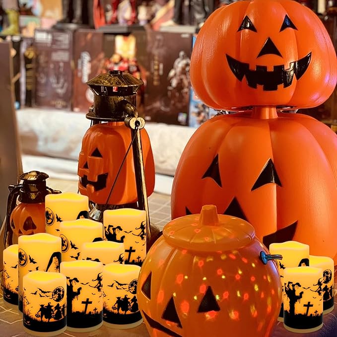 12-Pack Halloween Ink Painting Large Electronic Waxes with Remote Control, Flameless LED Candles for Halloween Spooky, Halloween Ambient Sense Artifacts.