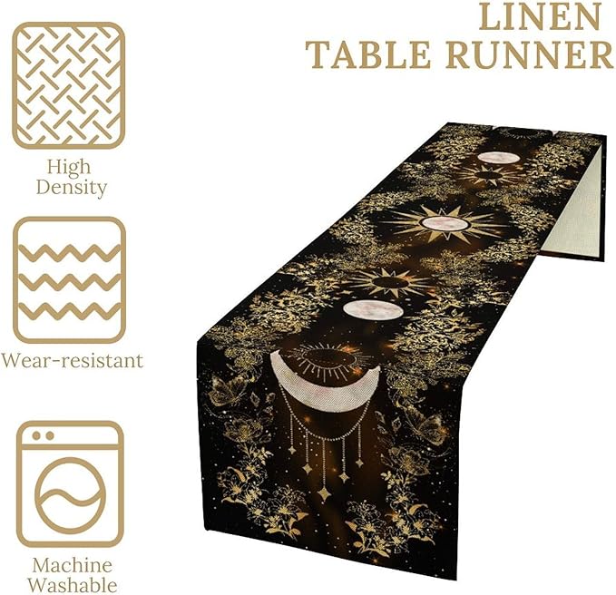 Boho Floral Table Runner, Spring Gothic Moon Phase Wildflower Mystical Witchy Farmhouse Coffee Table Center Decor for Home Kitchen Dining Patio Holiday Party Table Decorations 13x72 inches