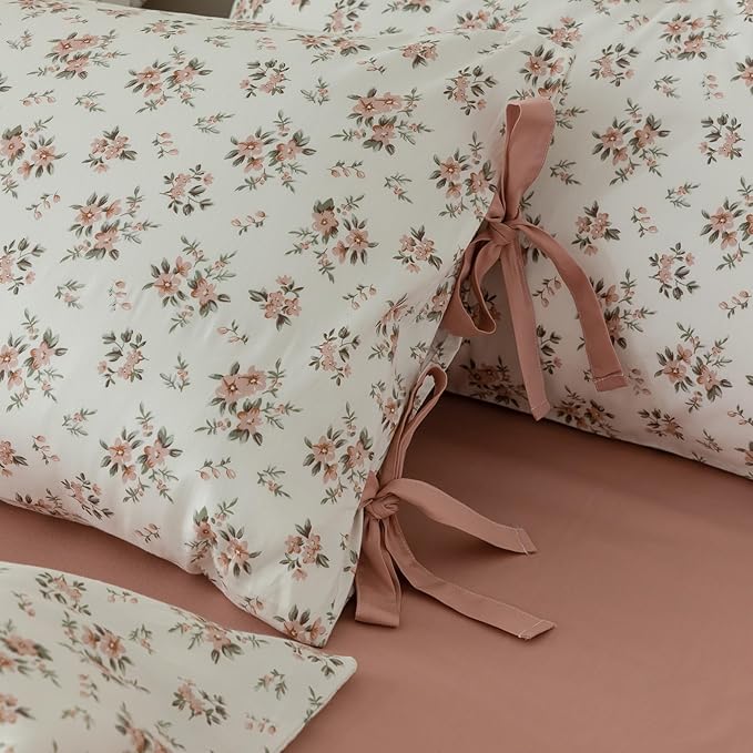 VM VOUGEMARKET Peach Flower Bedding Set King Chic Girls Floral Duvet Cover with Zipper Closure 100% Cotton Blush Pink Comforter Cover Set(3 pcs,104x90)