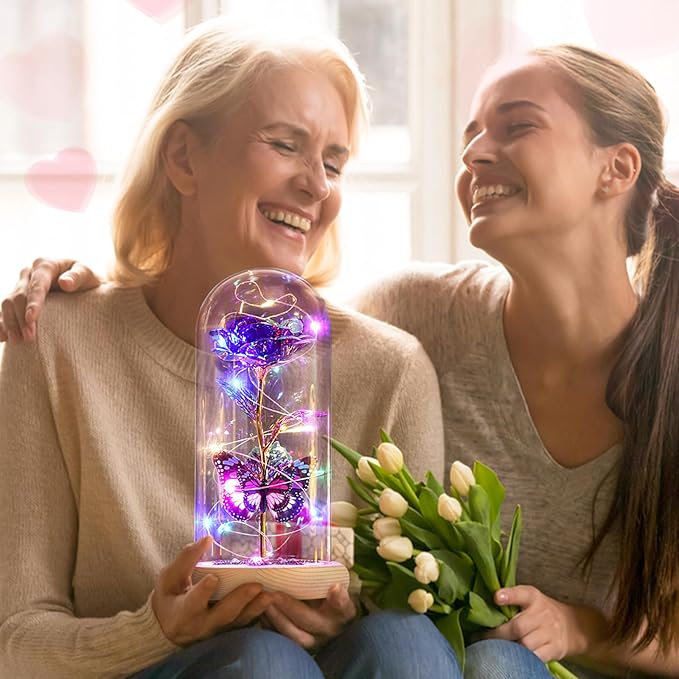 Beferr Christmas Rose Gifts for Women Mom Birthday Gifts, Galaxy Glass Rose Forever Preserved Flowers for Delivery Prime Light Up Rose in Glass Dome with Butterfly Xmas Gifts for Grandma Her Wife