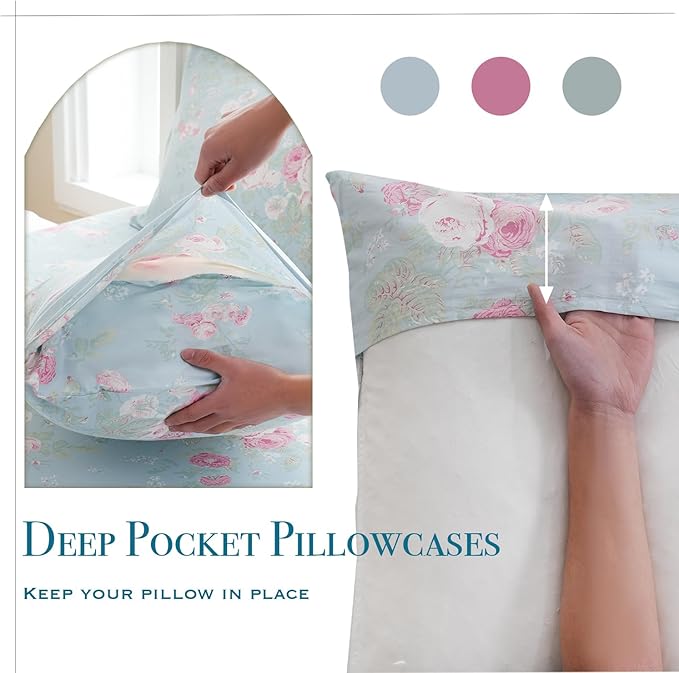 Zusbest Blue Floral Sheets Set California King 100% Cotton Pink Flowers Bed Sheet Shabby Vintage Chic Bedding Romantic Pastoral Original Design Soft Luxury Deep Pocket Fitted Sheet 17.5'', 4 Pcs