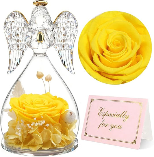 Yamonic Mom Birthday Gifts for Mom,Angel Figurines with Real Rose Gifts for Her Mom Grandma,Preserved Flowers Rose Angel Figurines for Mothers Day Christmas Anniversary Birthday Gifts for Wife(Yellow)