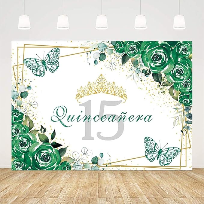 Sendy 7x5ft Quinceañera Backdrop Mis Quince 15 Anos Birthday Party Decorations Supplies for Girl Princess Green Floral Butterfly Gold Crown Photography Background Banner Photo Booth Studio Props
