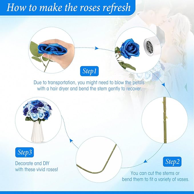 Hotop 40 Pcs Rose Artificial Flowers Bulk with Long Stem,Realistic Silk Fake Roses Bouquet for Home Wedding Centerpieces Party Table Decoration Valentines Gifts(Gradient Blue)