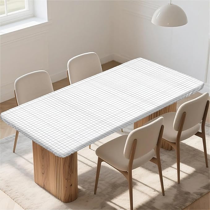 Rectangle Table Cloth Cover Waterproof Elastic Fitted Polyester Fitted Tablecloths for 6 Foot Tables for Indoor,Picnic, Camping, Outdoor （72" x 30"，White Grid）