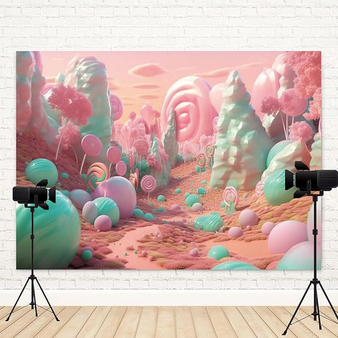 6x4ft Candyland Backdrop Pink and Teal Lollipop Photography Background Fairytale Kingdom Candy Sweet Girl Princess Birthday Banner Decorations Newborn Baby Shower Portrait Photo Booth Prop