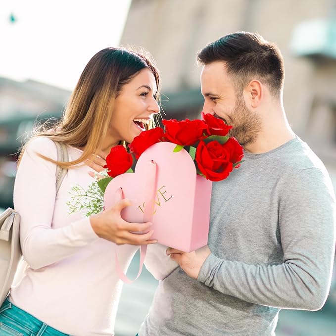 Kolldenn 12 Pcs Heart Shaped Flowers Boxes Christmas Bouquet Storage Bucket Valentine's Day Floral Boxes for Arrangements Paper Floral Bag with Handle Basket Handbag for Florist Bridal Shower(Pink)