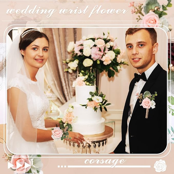 12 Pcs Wedding Wrist Corsage and Boutonniere Set Rose Wrist Corsage for Prom Boutonniere for Men Wedding Flowers Accessories Prom Suit Decorations for Wedding Ceremony Anniversary (Pink)