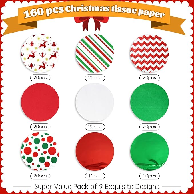 160 Sheets Christmas Tissue Paper for Gift Wrapping, Art & Craft - Assortment Holiday Tissue Paper, 20 x 20 inches
