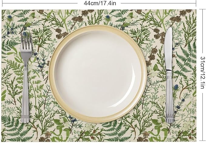 Retro Botanical Placemats Set of 8, 17x12 Inch Rustic Farmhouse Green Leaves Vintage Plants Aesthetic Table Mats for Home Party Kitchen Dining Decor