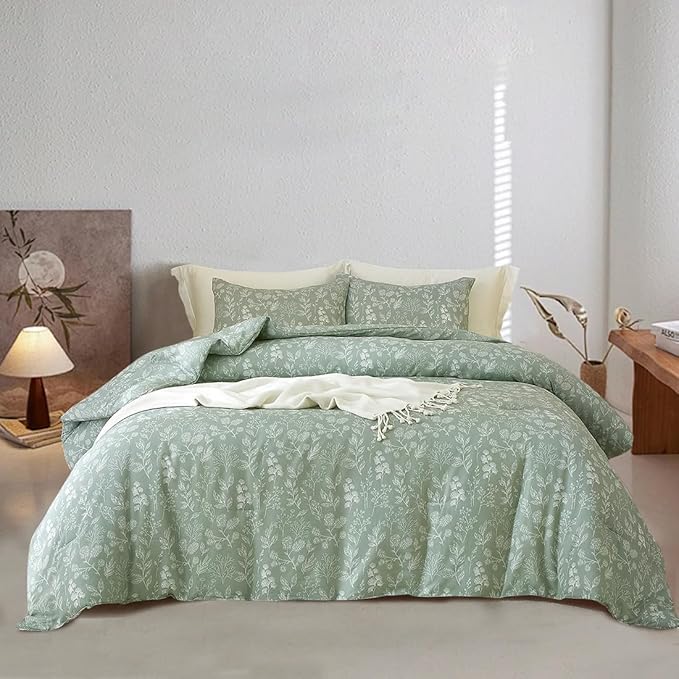 EAVD Garden Style Sage Green Floral Duvet Cover Twin XL Soft Cotton Chic Shabby Small Floral Bedding Set with 2 Pillowcases Fresh Reversible Botanical Duvet Cover with Zipper Closure