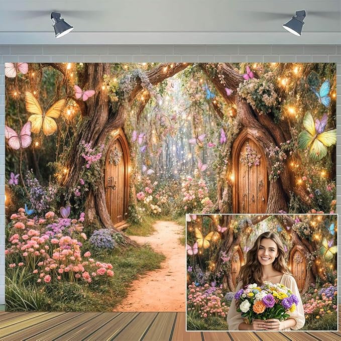 20X10ft Enchanted Forest Backdrop Fairy Tale Magic Garden Wonderland Floral Butterfly Photography Background for Kids Girls Baby Shower Birthday Party Decoration Cake Table Photo Booth Props