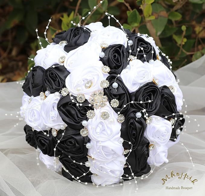 Bridal Wedding Bouquet Round Bling Brooch Bouquet Throw Toss Artificial Rose Flower Bunch for Bride Bridesmaid Wedding Quinceanera(White & Black, 9.8")