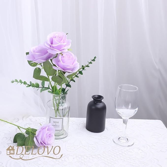 52pcs Lavender Roses Artificial Flowers Fake Flowers Silk Roses with Stems for DIY Wedding Bouquets Bridal Shower Centerpieces Arrangements Party Decorations