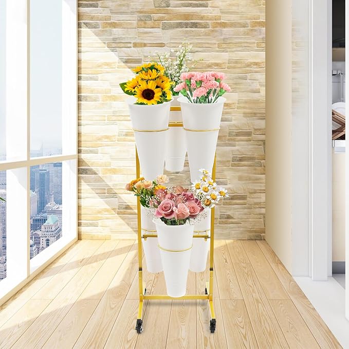 Flower Display Stand with 6 Buckets, Moving Plant Cart Shelf With Wheels and Bucket, Iron Florist Shelf, Indoor Outdoor Flower Rack for Home Patio Balcony (White)