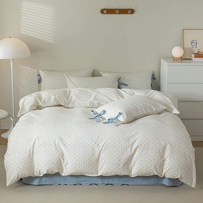 AOJIM Kids Adults Plaid Design Duvet Cover Queen Size, Pure Cotton Bedding Comforter Cover Set with Blue Floral Pattern for Room Decor,1 Soft Quilt Cover 90x90'' and 2 Pillowcases 20x26'' with Bowknot
