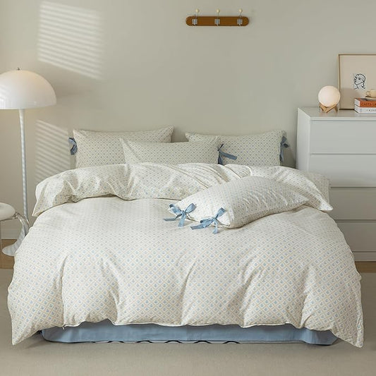 AOJIM Kids Adults Plaid Design Duvet Cover Queen Size, Pure Cotton Bedding Comforter Cover Set with Blue Floral Pattern for Room Decor,1 Soft Quilt Cover 90x90'' and 2 Pillowcases 20x26'' with Bowknot