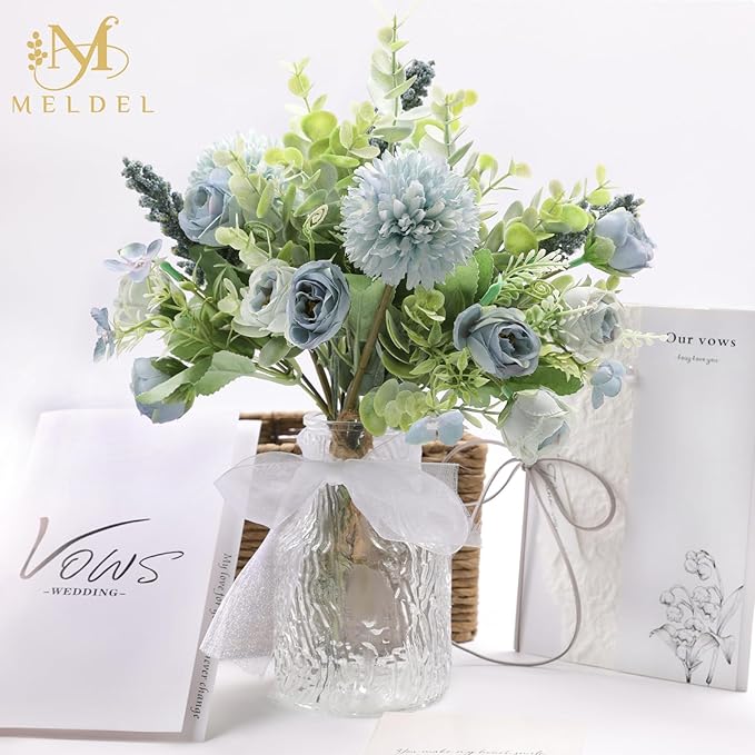 Meldel 3Pcs Rose Bouquet Blue Artificial Flowers Fake Eucalyptus Plants Silk Flower Arrangements Wedding Bouquets Decorations Plastic Floral Table Centerpieces for Home Kitchen Garden Party Decor