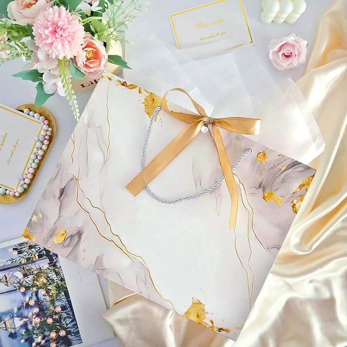 White Gold Gift Bags, 2PCS 13” Large Gift Bags with Tissue Paper and Greeting Cards, Gift Bag with Handles Bow for Women Girls, White Gift Bags for Birthday Wedding Bridal Baby Shower Anniversaries