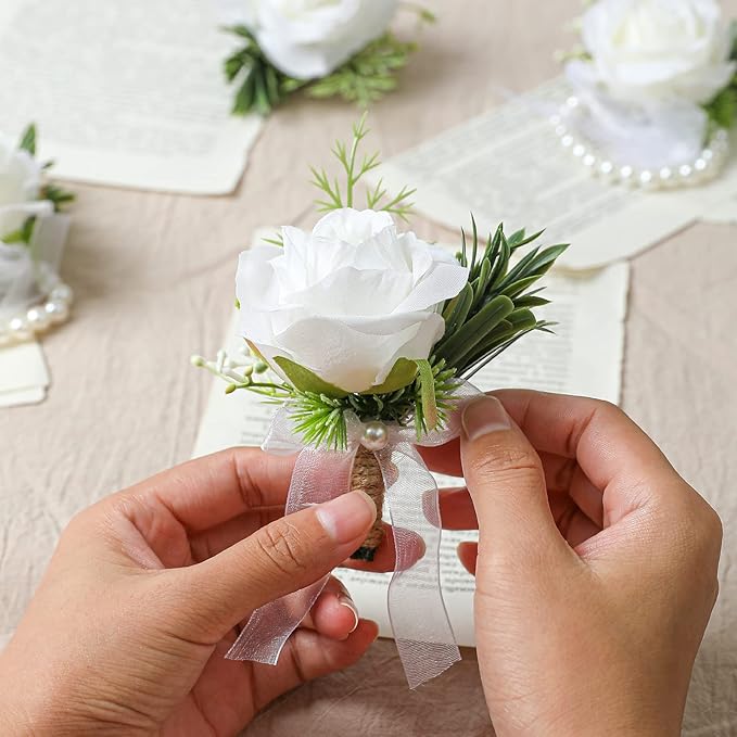 2pcs Wedding White Rose Wrist Flowers Artificial Rose Flowers for Ceremony Prom Party Accessories (2 Wrist Corsage White)