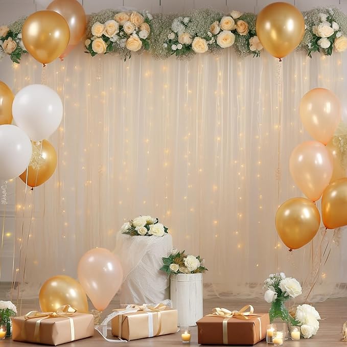 10x8ft Champagne Tulle Backdrop Curtain with Lights String for Parites, Sheer Backdrop Curtains for Wedding Baby Shower Birthday Party Photo Shoot Decorations
