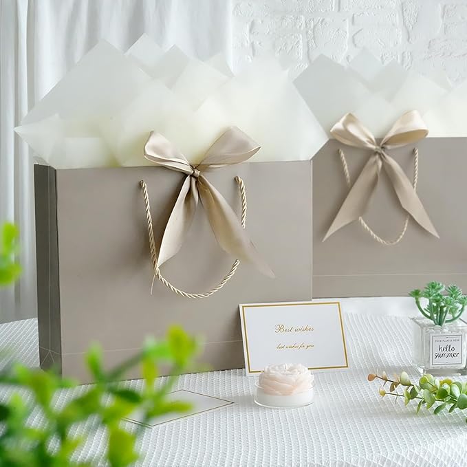 Gift Bags, 13” Large Gift Bags with Tissue Paper Greeting Card, 2PCS Portable Birthday Gift Bag Set, Champagne Gold Present Bags for Birthday Party Favor Wedding Baby Shower Mother’s Day, 13x10x4inch