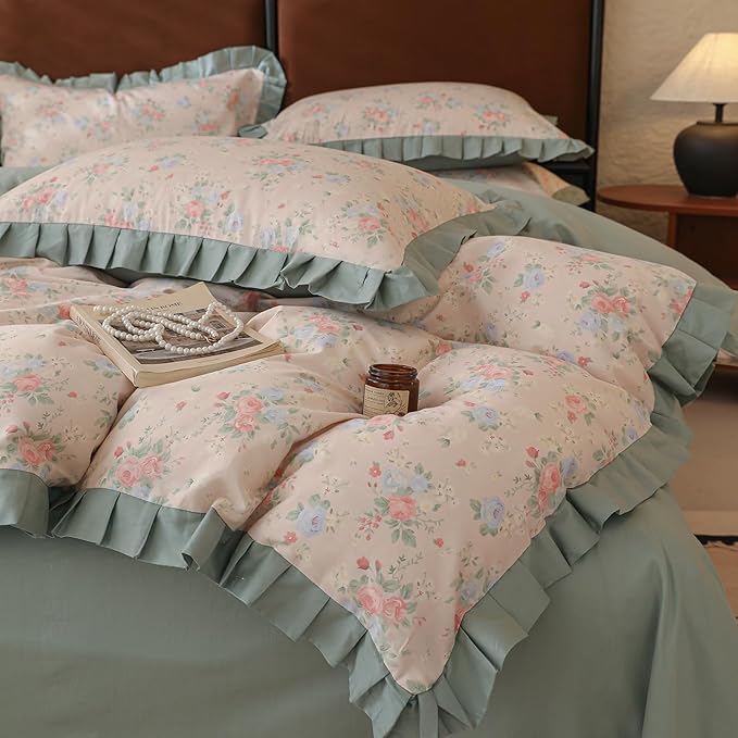 Pink Blue Flower Duvet Cover Set King 100% Cotton Romantic Floral Bedding Set with Green Ruffles Girls Botanical Floral Comforter Cover Princess Bedding Lace Duvet Cover King with Zipper Closure