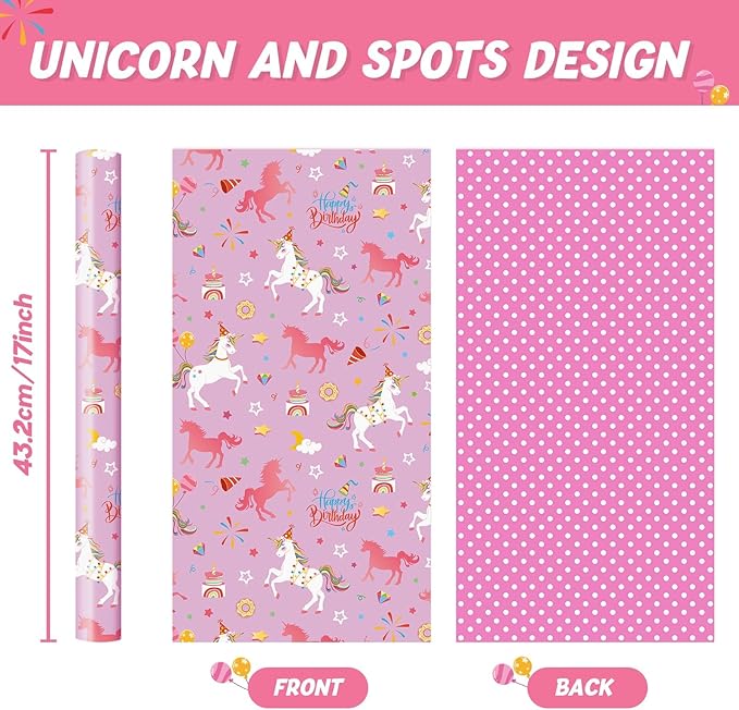 WERNNSAI 17”x 66 ft Unicorn Gift Wrapping Paper Jumbo Roll - 1 Roll Happy Birthday Gift Packing Paper Reversible Purple Unicorn Wrapping Paper for Girls Kids Birthday Party Gift Wrap with Polka Dot De