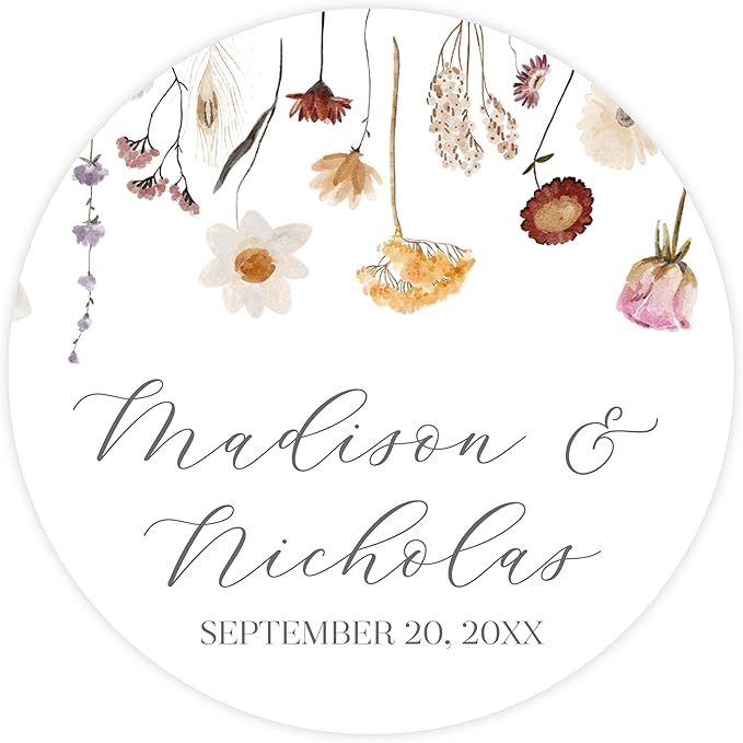 Personalized Floral Wedding Stickers with Your Choice of 30 Flower Styles - Choose Font and One of Five Pre-made Phrases or Add Custom Text (011 - Wildflowers)