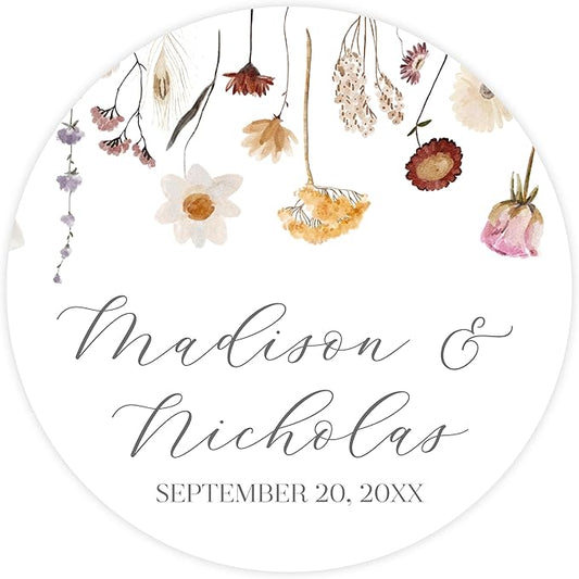 Personalized Floral Wedding Stickers with Your Choice of 30 Flower Styles - Choose Font and One of Five Pre-made Phrases or Add Custom Text (011 - Wildflowers)