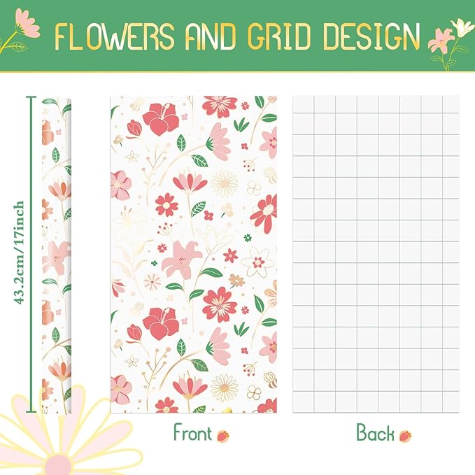 WERNNSAI Pink Floral Wrapping Paper - 1 Roll 17”x 33 ft Vintage Daisy Flower Gift Wrapping Bridal Shower Wrapping Paper for Kids Birthday Wedding Party Baby Shower Supply Reversible Metallic Foil Dots Design