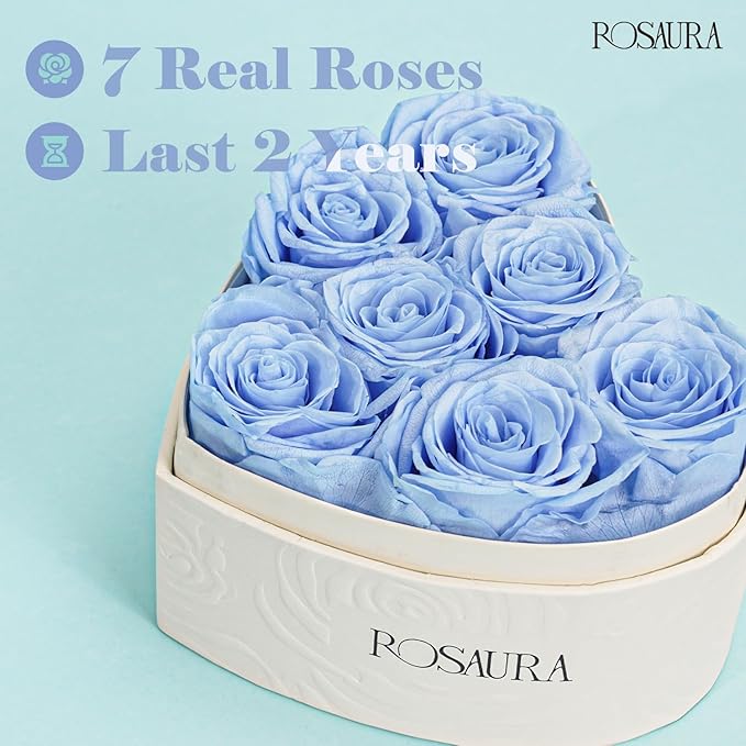 Rosaura Heart-Shaped Preserved Roses Gift Box - Real Forever Flowers for Birthday, Valentine's & Mother's Day (Sky Blue, 7 roses)