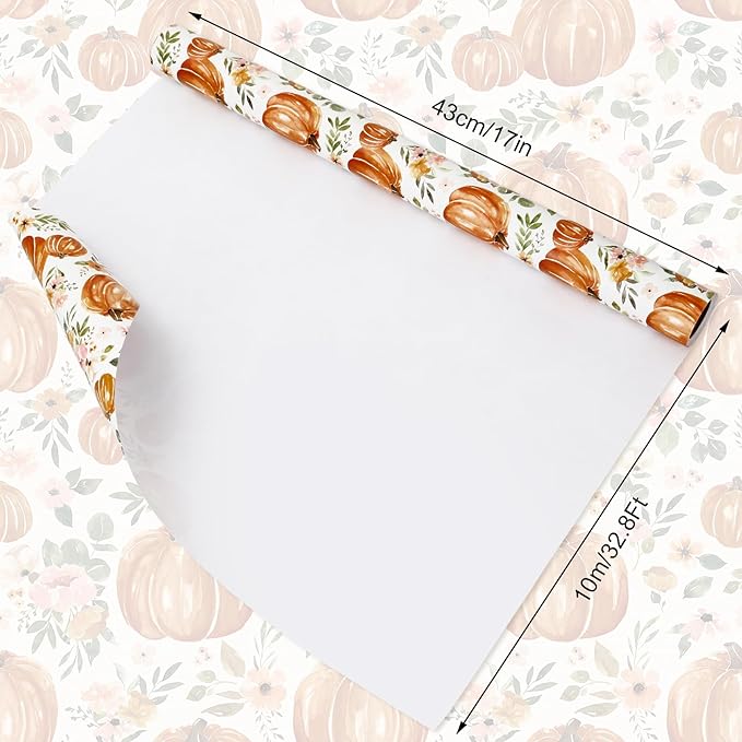 JarThenaAMCS Fall Wrapping Paper Roll 17 In x 32.8Ft Floral Pumpkin Gift Wrap Paper Watercolor Autumn Flower Decorative Art Paper for Thanksgiving Harvest