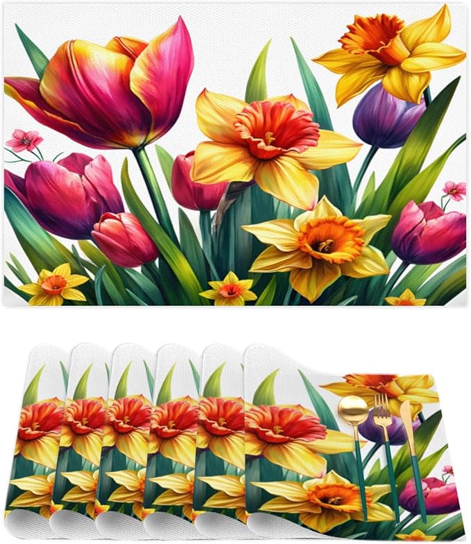 Spring Beautiful Flower Placemats Set of 1 PVC Vinyl Non Slip Table Mats Waterproof Heat Resistant Place Mats Washable Wipeable Dining Table Mat for Kitchen Party Indoor Outdoor Decorative