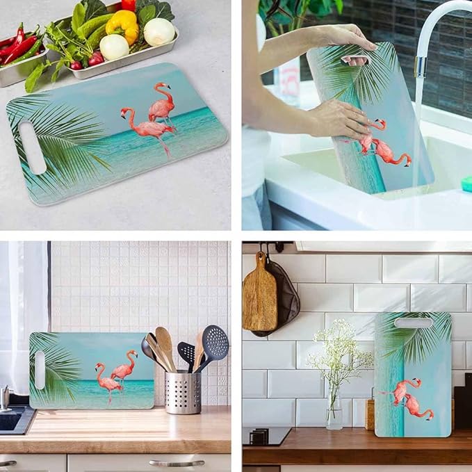Flamingo Cutting Board with Handles Bird Blue Sea Sunny Sky Clouds Leaves Cutting Boards Plastic Safe Chopping Board for Kitchen 16" x 10" x 0.24"
