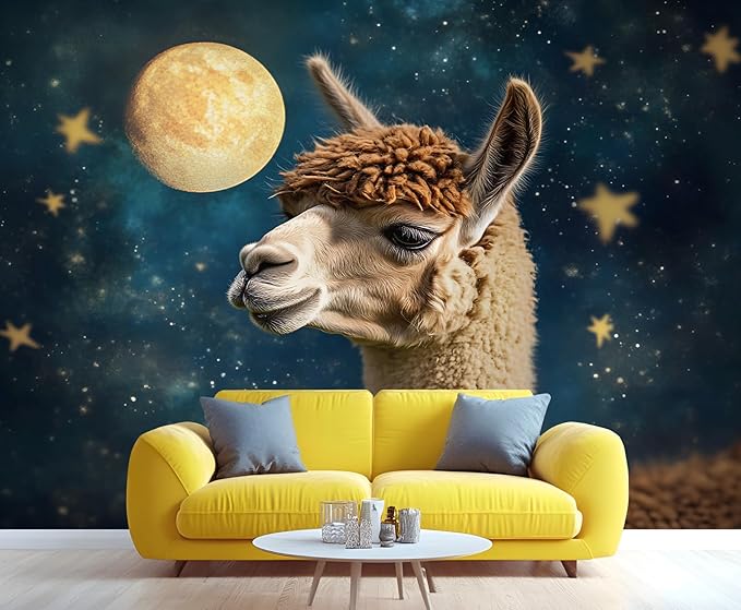 Starry Sky Alpaca Wall Mural, Dreamy Galaxy Moon Alpaca 3D Wall Murals, Cute Animal Wallpaper Mural, for Living Room Bedroom Large Wallpaper Indoor Decor 118" W x 82.6 "H
