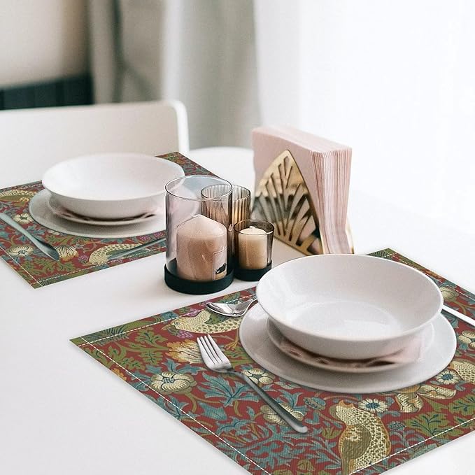 William Morris Floral Placemats Set of 4, Vintage Flower Strawberry Birds Red Place Mats, Heat Resistant Non Slip Cotton Linen Dining Table Mats for Home Kitchen Party 18x12 Inch